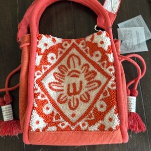 NWT Coral and White Patterned Beaded Women Bag